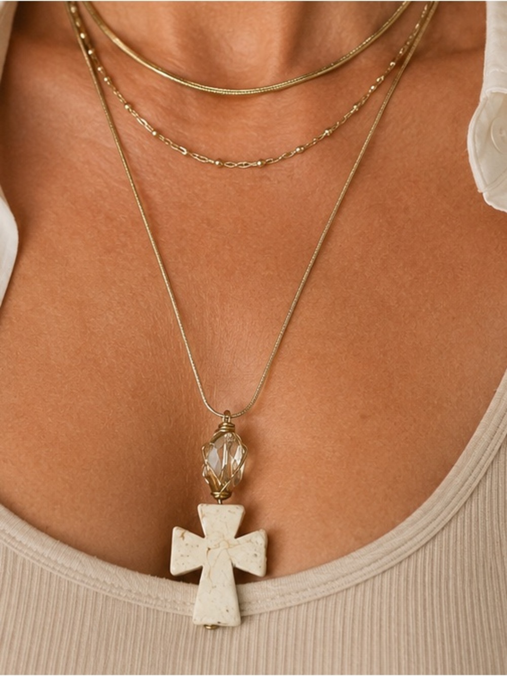 Artisan Wire Wrapped Crystal White Cross Pendant Necklace Gold Tone